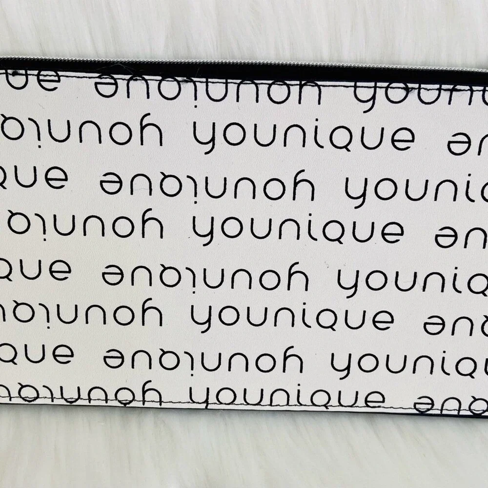 Younique Black White Logo Print Zipper Pouch Makeup Bag Cosmetic Clutch Slim